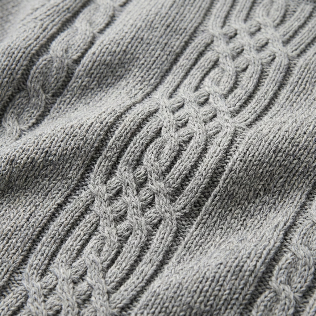 Men's cable knit roll neck jumper in Light Grey | Nettleden – detail view