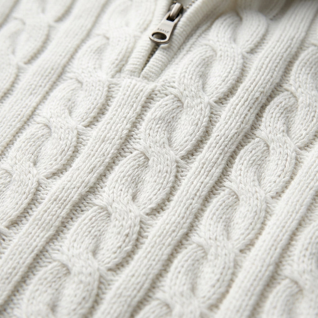 Men's cable knit quarter-zip jumper in White | Ombersley – detail view