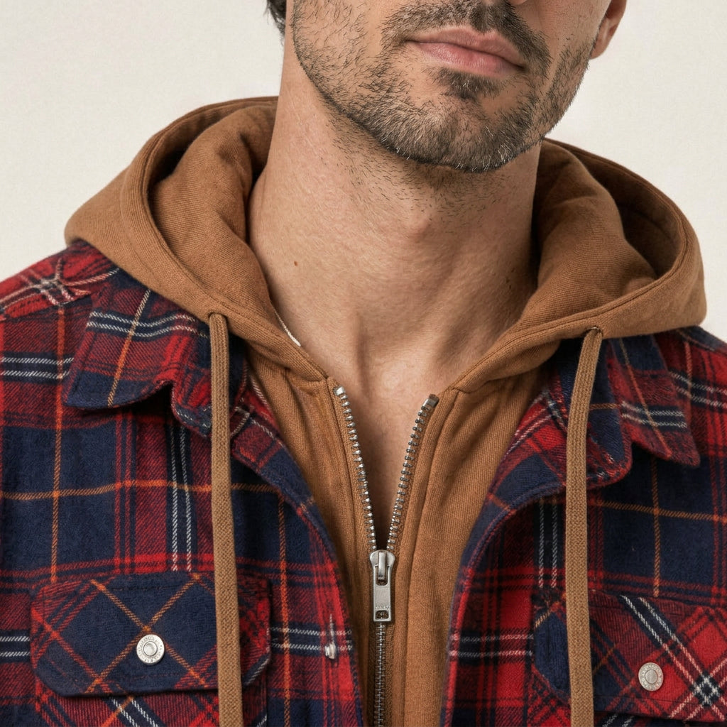 Men's hooded check shirt jacket in Navy Red Check | Rufforth – detail view