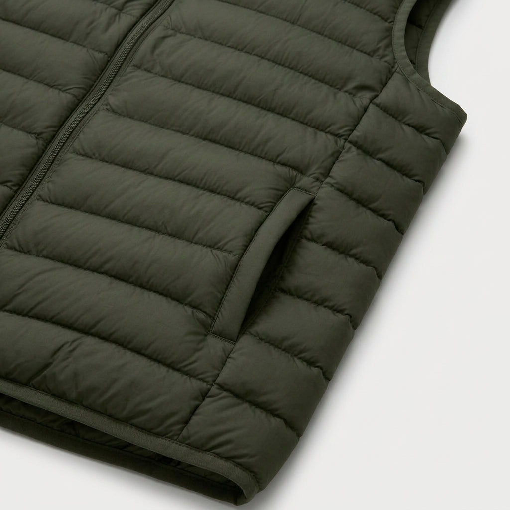 Men's Quilted Puffer Gilet in Olive | Sherston – detail view