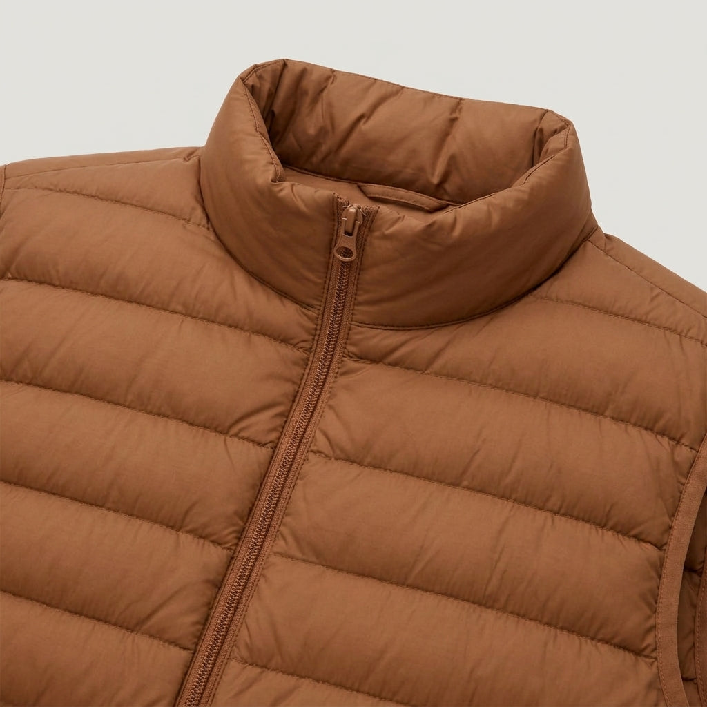 Men's Quilted Puffer Gilet in Camel | Sherston – detail view
