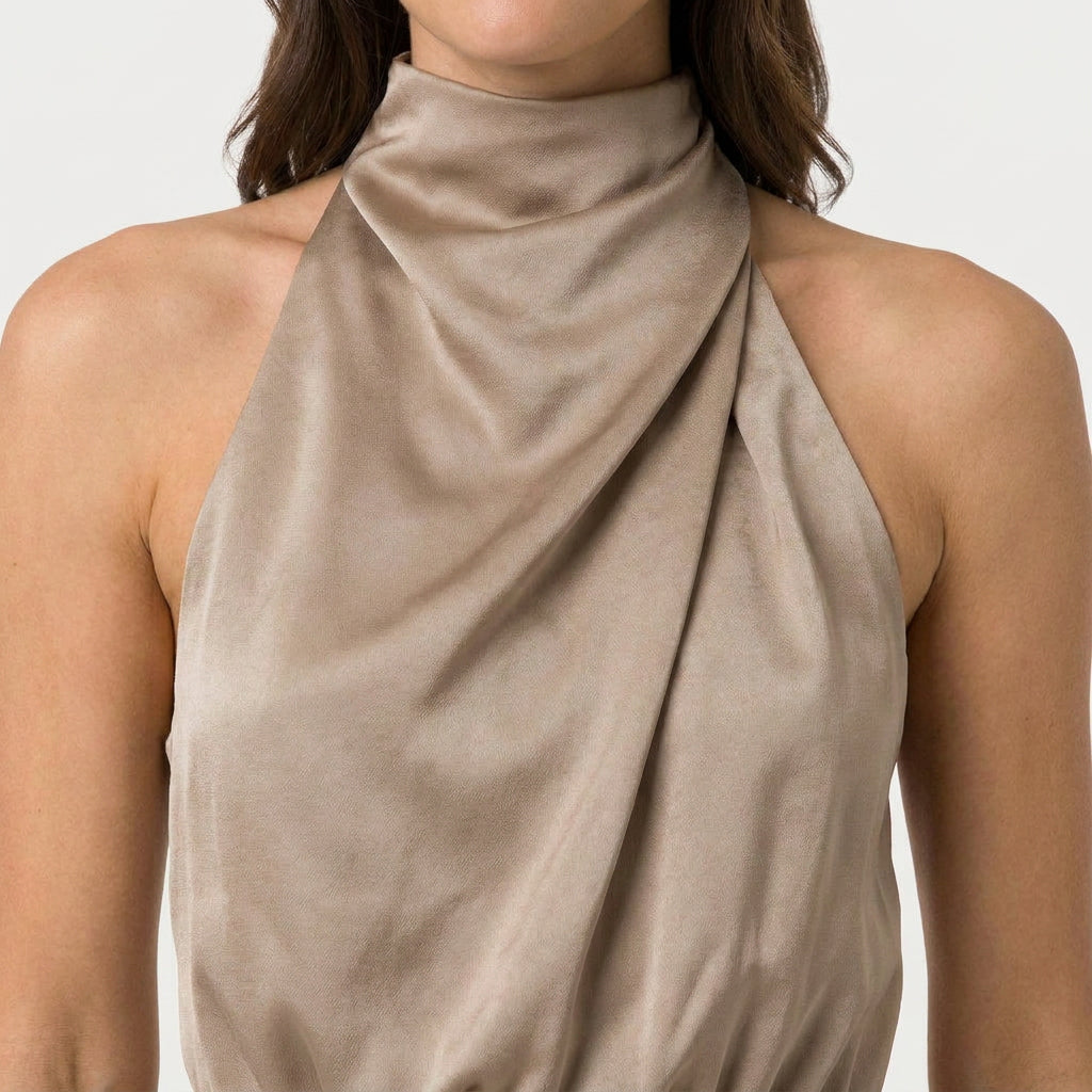 Women's satin halter midi dress in Beige | Alderholt – detail view