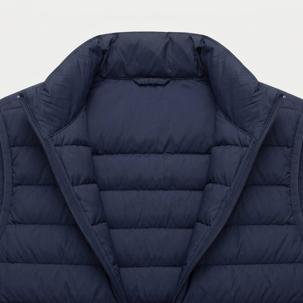 Men's Quilted Puffer Gilet in Navy | Sherston – detail view