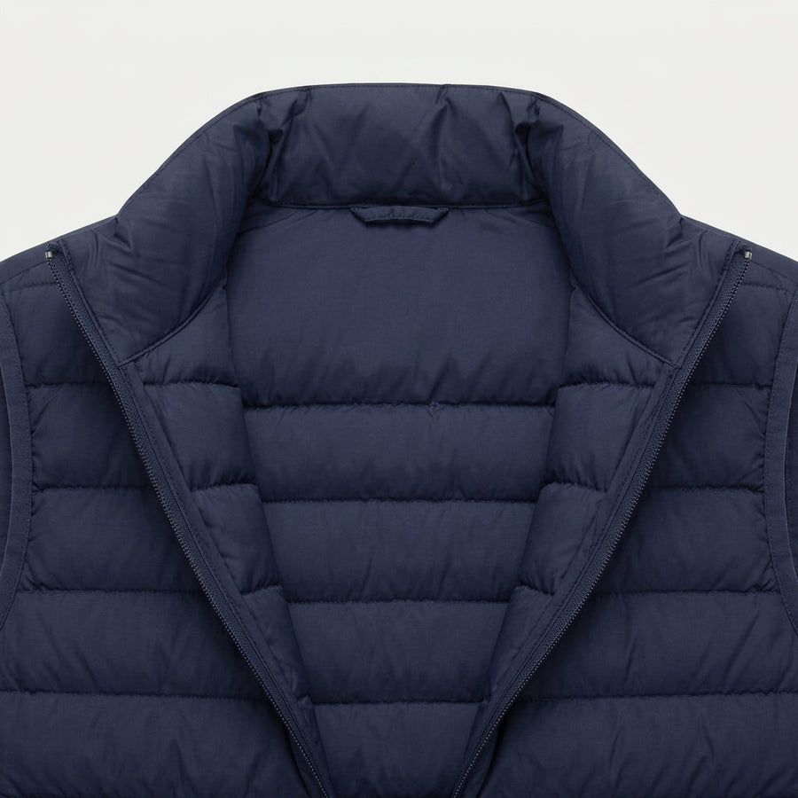 Men's Quilted Puffer Gilet in Navy | Sherston – detail view