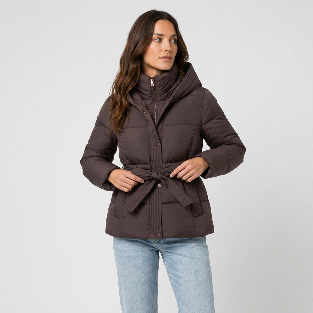 Women's belted puffer jacket in Dark Brown | Ardeley – front view