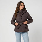 Women's belted puffer jacket in Dark Brown | Ardeley – front view
