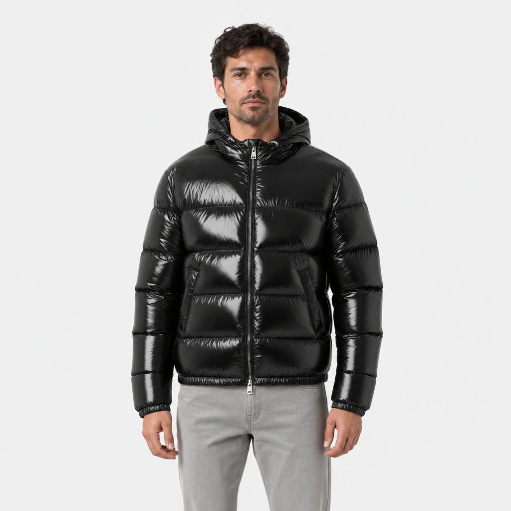 Men's high-shine hooded puffer jacket in Black | Raskelf – front view