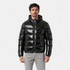 Men's high-shine hooded puffer jacket in Black | Raskelf – front view