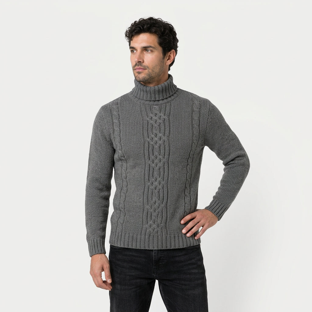 Men's cable knit roll neck jumper in Grey | Nettleden – front view