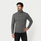 Men's cable knit roll neck jumper in Grey | Nettleden – front view