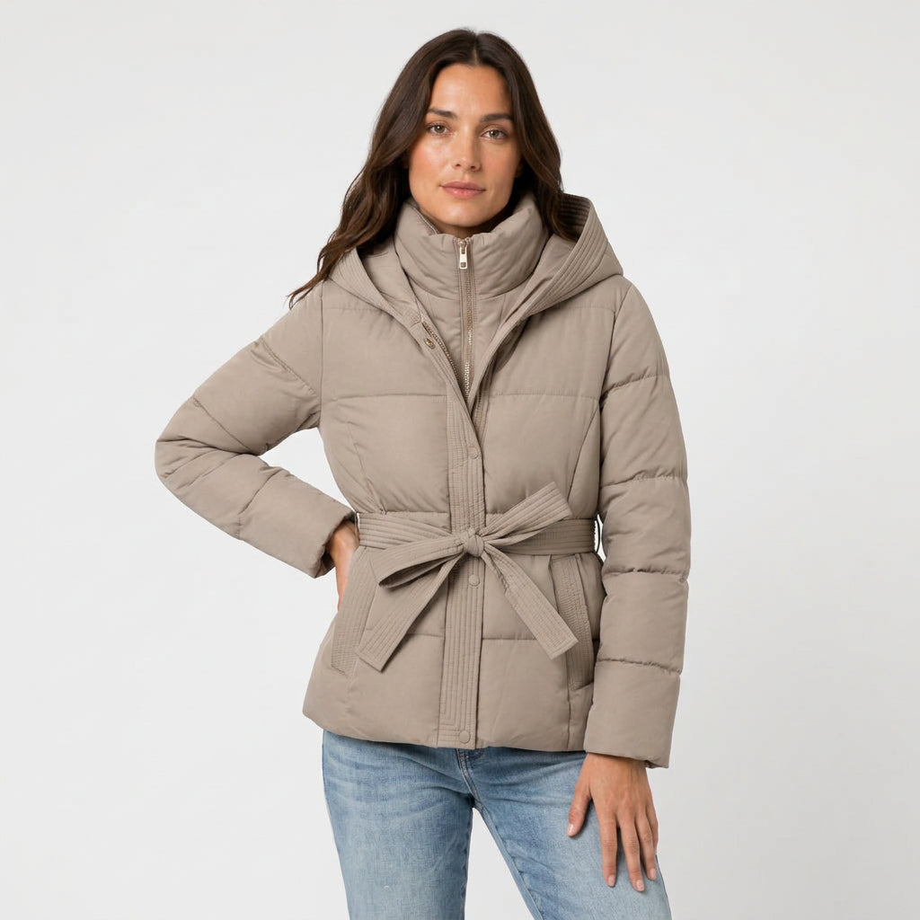 Women's belted puffer jacket in Beige | Ardeley – front view
