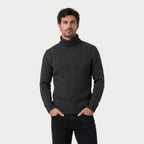 Men's cable knit roll neck jumper in Black | Nettleden – front view