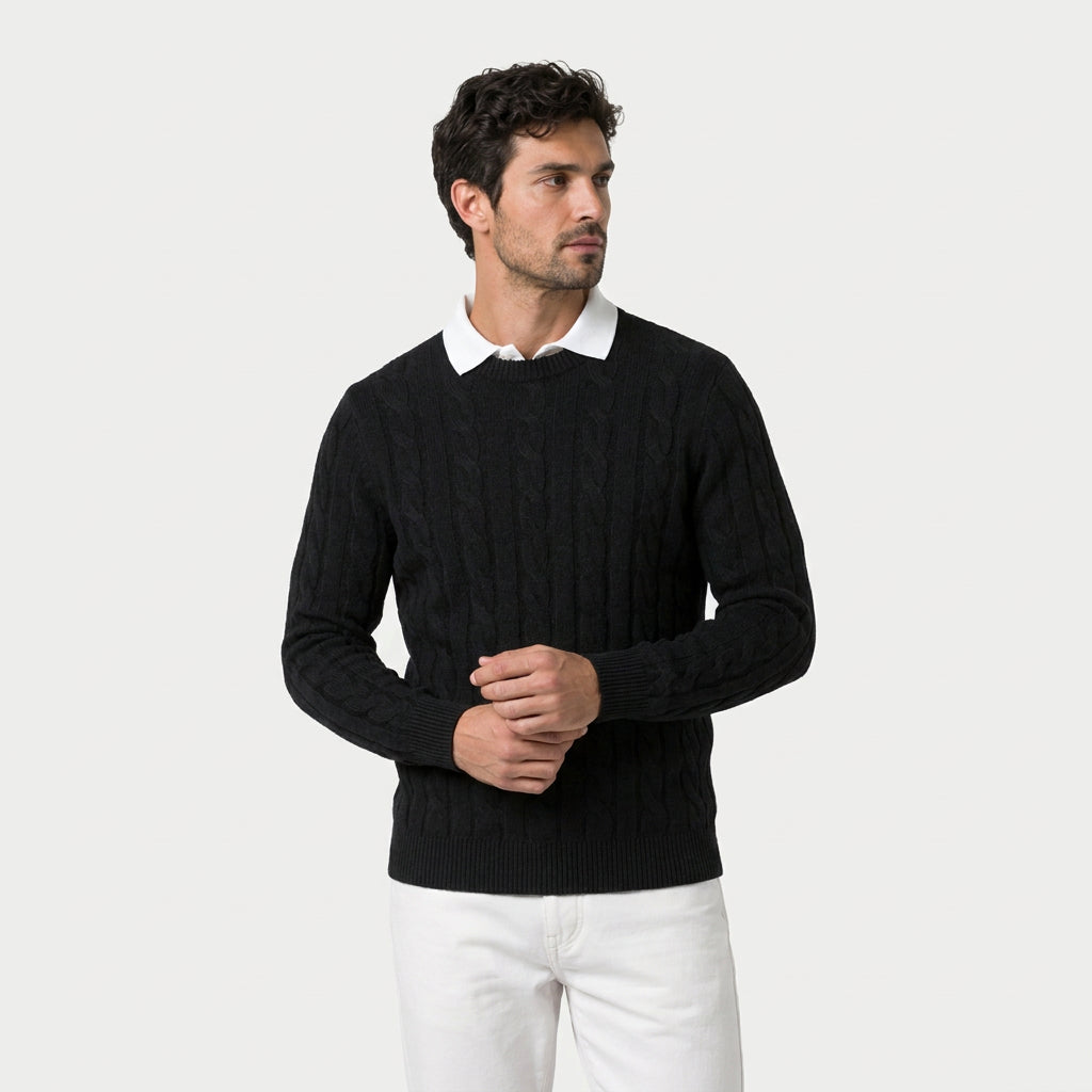 Men's cable knit crew neck jumper in Black | Portsoy – front view