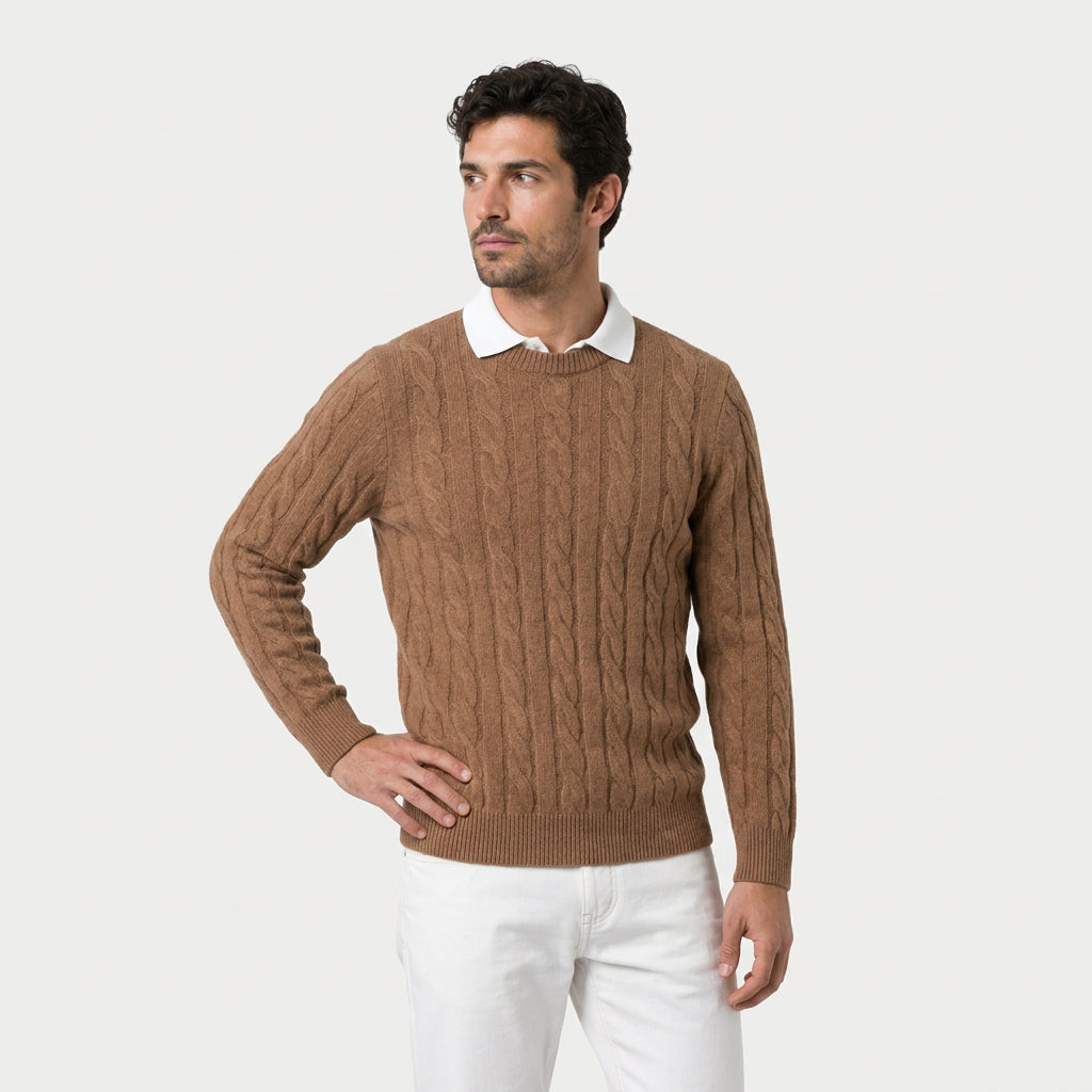 Men's cable knit crew neck jumper in Camel | Portsoy – front view