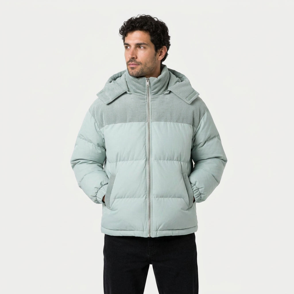 Men's corduroy hooded puffer jacket in Duck Egg | Ousby – front view