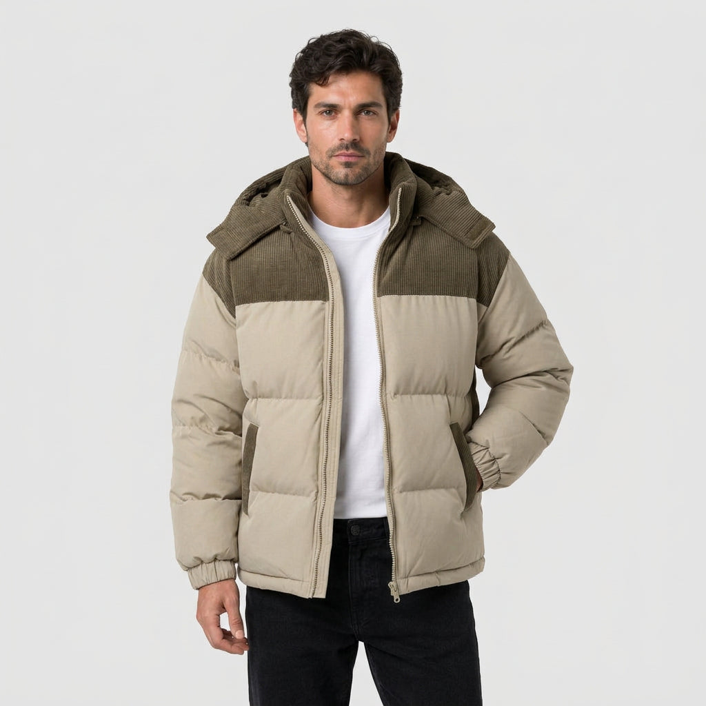 Men's corduroy hooded puffer jacket in Beige | Ousby – front view