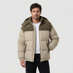 Men's corduroy hooded puffer jacket in Beige | Ousby – front view
