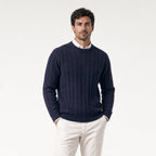 Men's cable knit crew neck jumper in Navy | Portsoy – front view