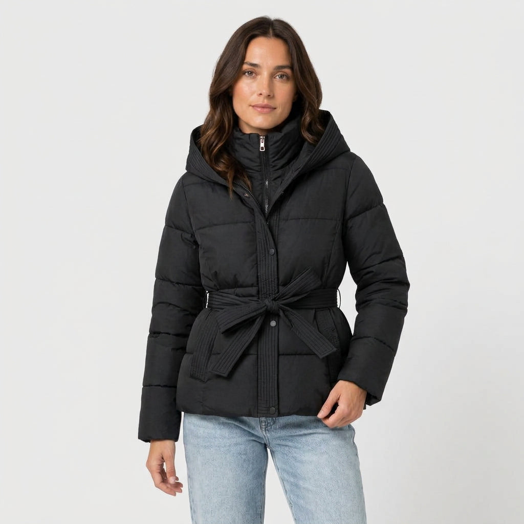 Women's belted puffer jacket in Black | Ardeley – front view