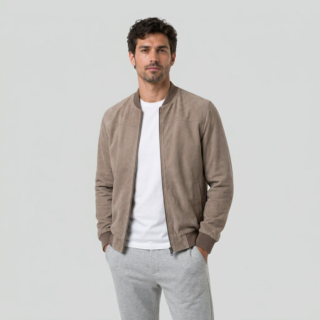 Men's washed bomber jacket in Taupe | Pertenhall – front view