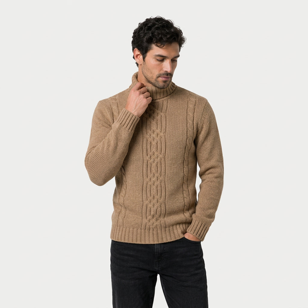Men's cable knit roll neck jumper in Tan | Nettleden – front view