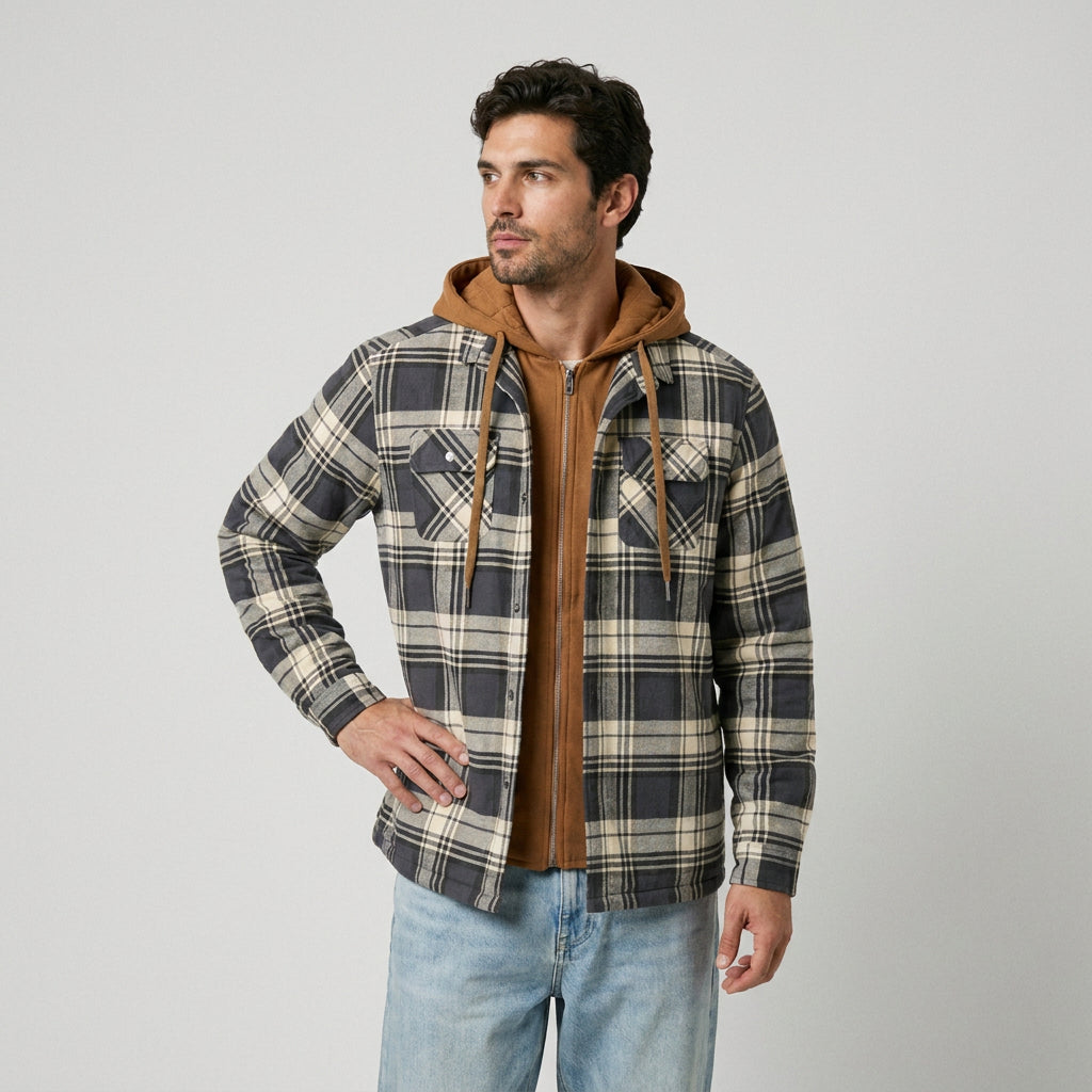 Men's hooded check shirt jacket in Grey Check | Rufforth – front view