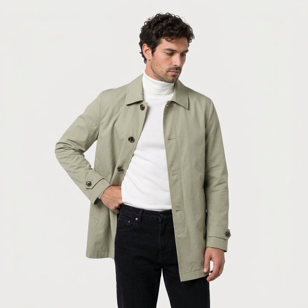 Men's single-breasted car coat in Sage | Rockbourne – front view
