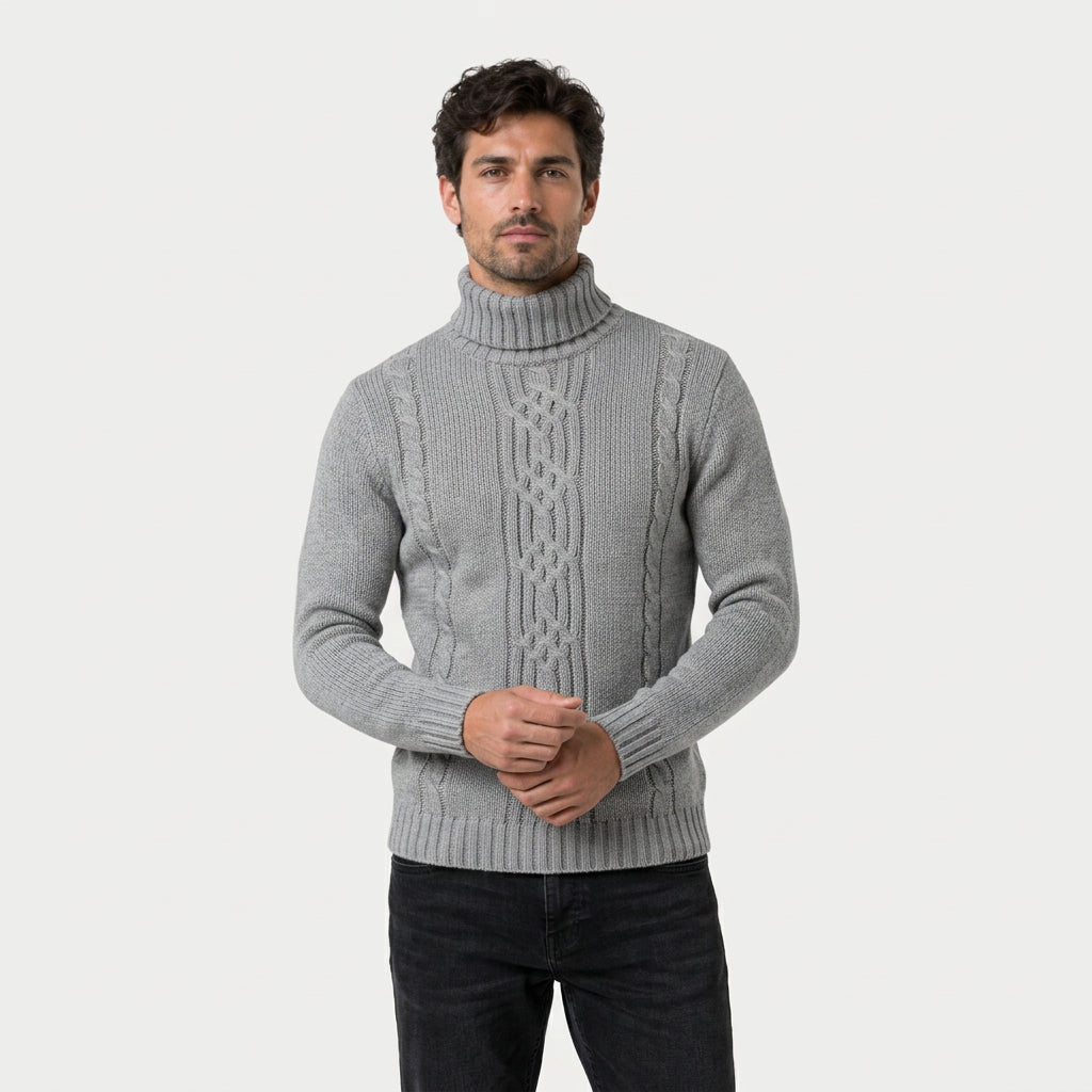 Men's cable knit roll neck jumper in Light Grey | Nettleden – front view