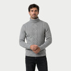 Men's cable knit roll neck jumper in Light Grey | Nettleden – front view