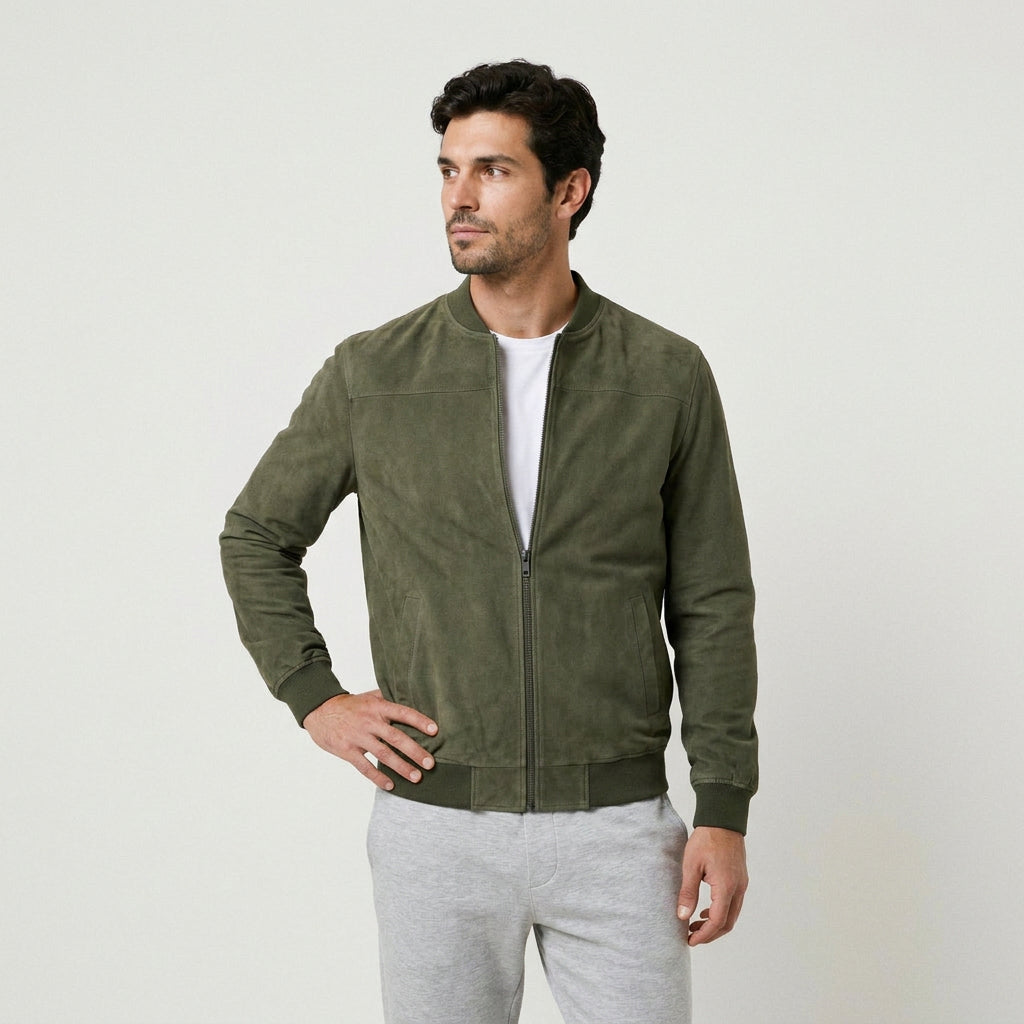 Men's washed bomber jacket in Olive | Pertenhall – front view