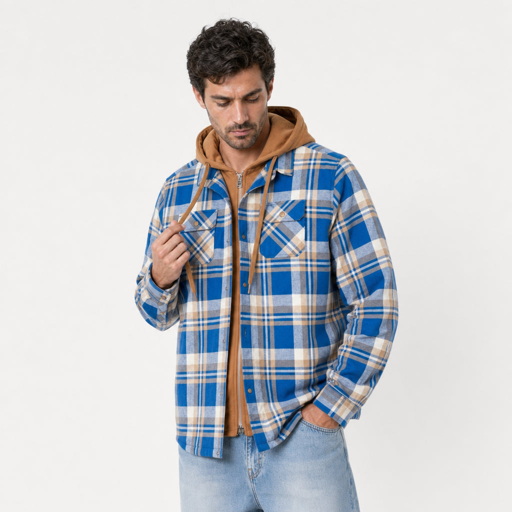 Men's hooded check shirt jacket in Blue Check | Rufforth – front view