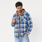 Men's hooded check shirt jacket in Blue Check | Rufforth – front view