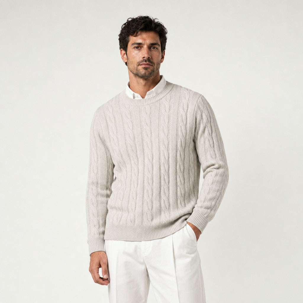 Men's cable knit crew neck jumper in Cream | Portsoy – front view