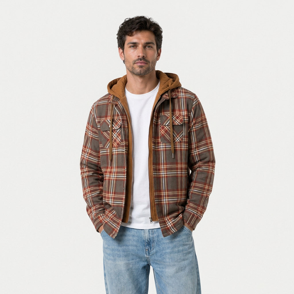 Men's hooded check shirt jacket in Brown Check | Rufforth – front view