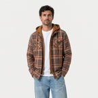 Men's hooded check shirt jacket in Brown Check | Rufforth – front view