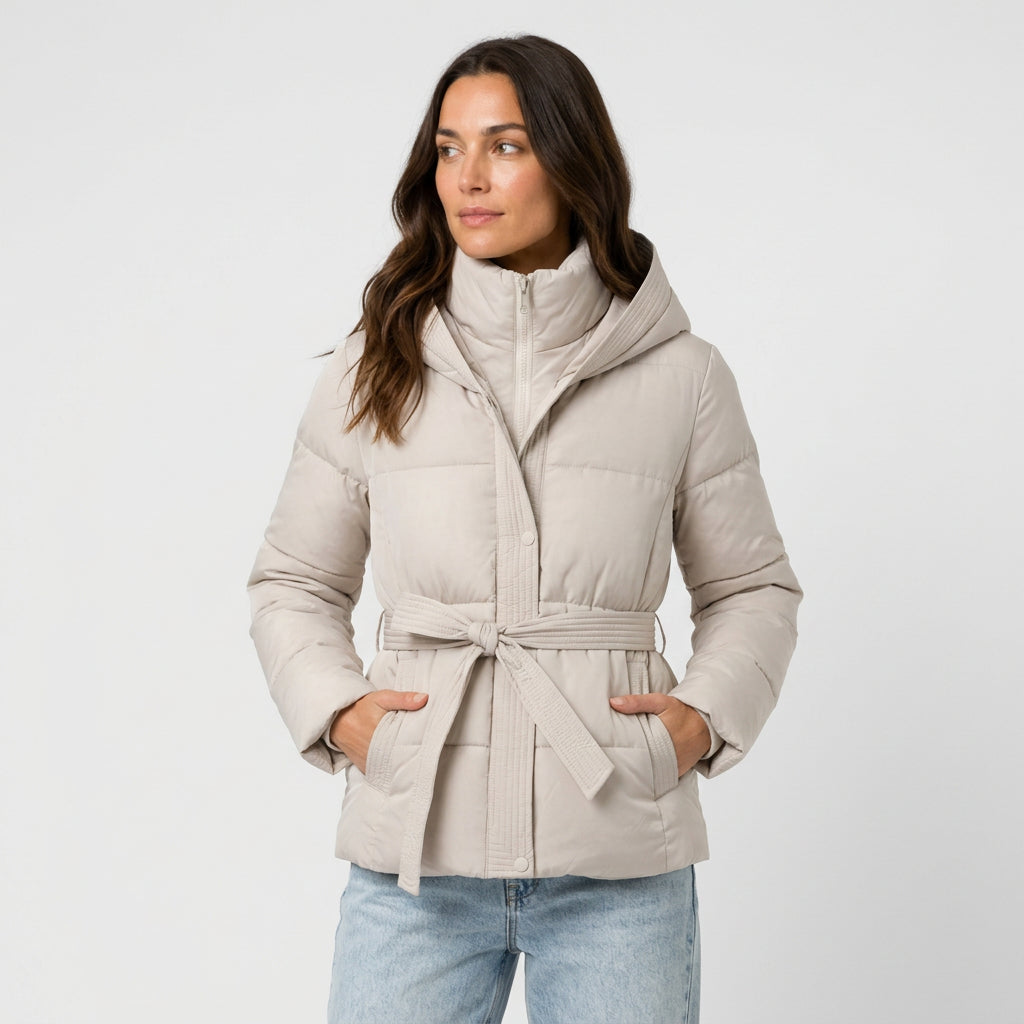 Women's belted puffer jacket in Ivory | Ardeley – front view