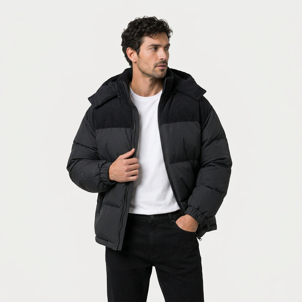 Men's corduroy hooded puffer jacket in Black | Ousby – front view