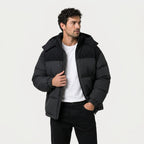 Men's corduroy hooded puffer jacket in Black | Ousby – front view