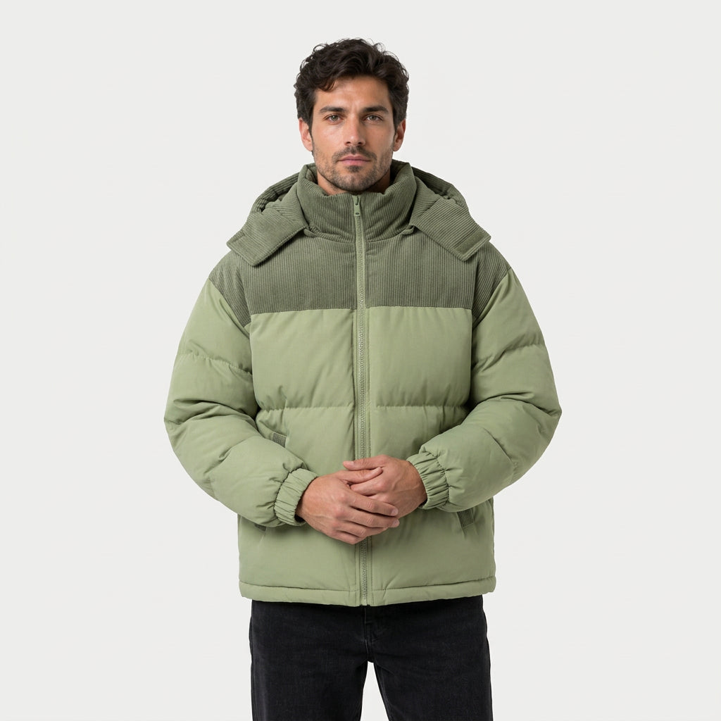 Men's corduroy hooded puffer jacket in Sage | Ousby – front view