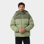 Men's corduroy hooded puffer jacket in Sage | Ousby – front view