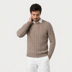Men's cable knit crew neck jumper in Taupe | Portsoy – front view