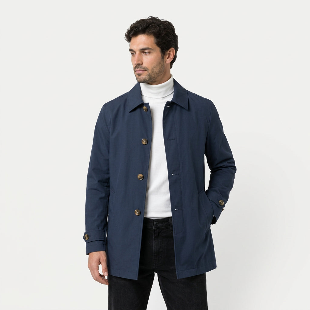 Men's single-breasted car coat in Navy | Rockbourne – front view