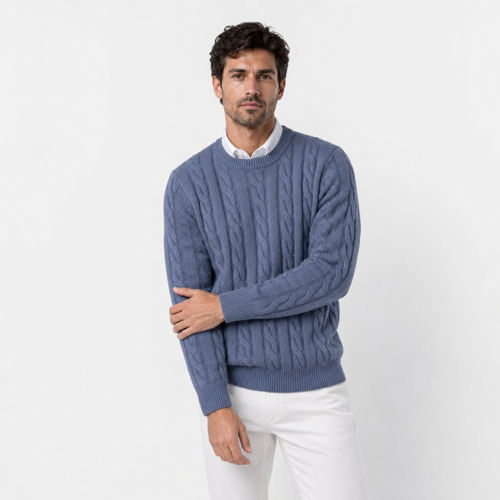 Men's cable knit crew neck jumper in Blue | Portsoy – front view
