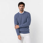 Men's cable knit crew neck jumper in Blue | Portsoy – front view