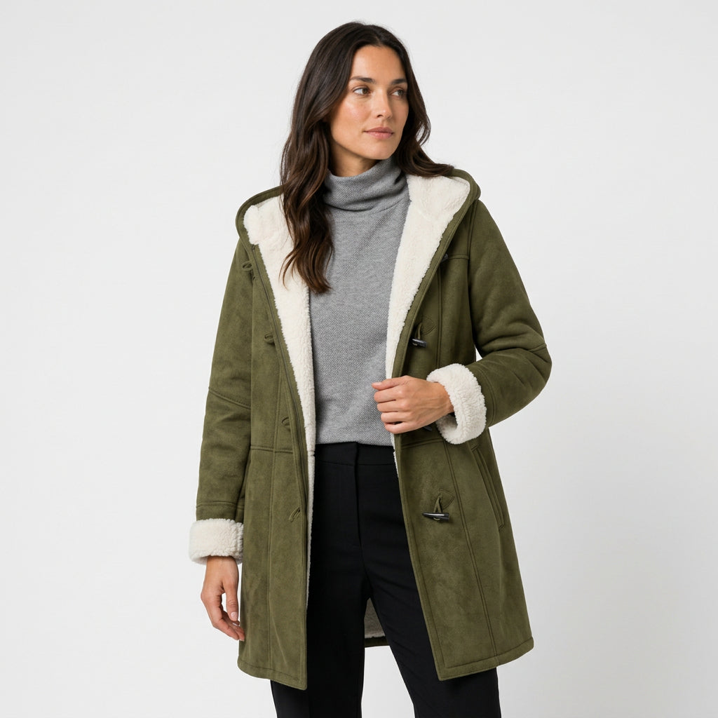 Women's hooded duffle coat in Olive | Glapthorn – front view