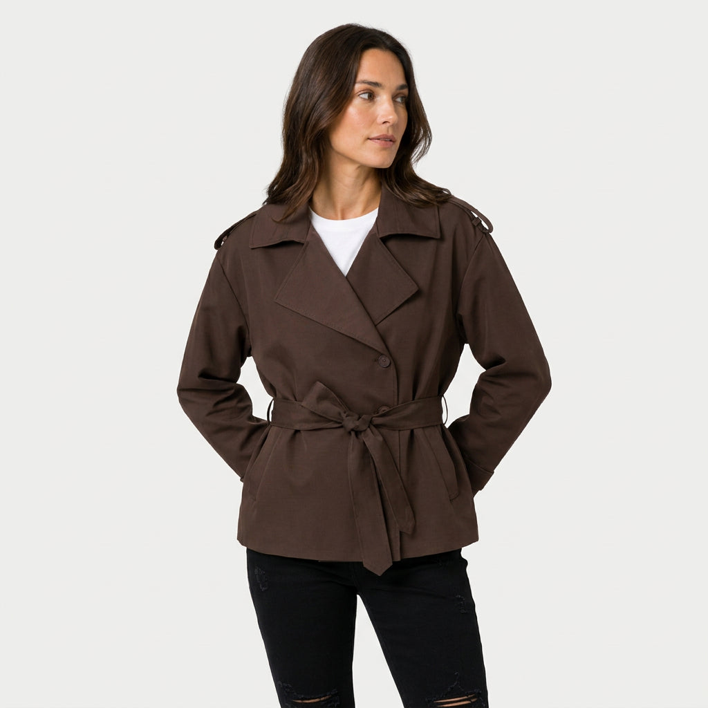 Women's short trench coat in Brown | Abbotsbury – front view