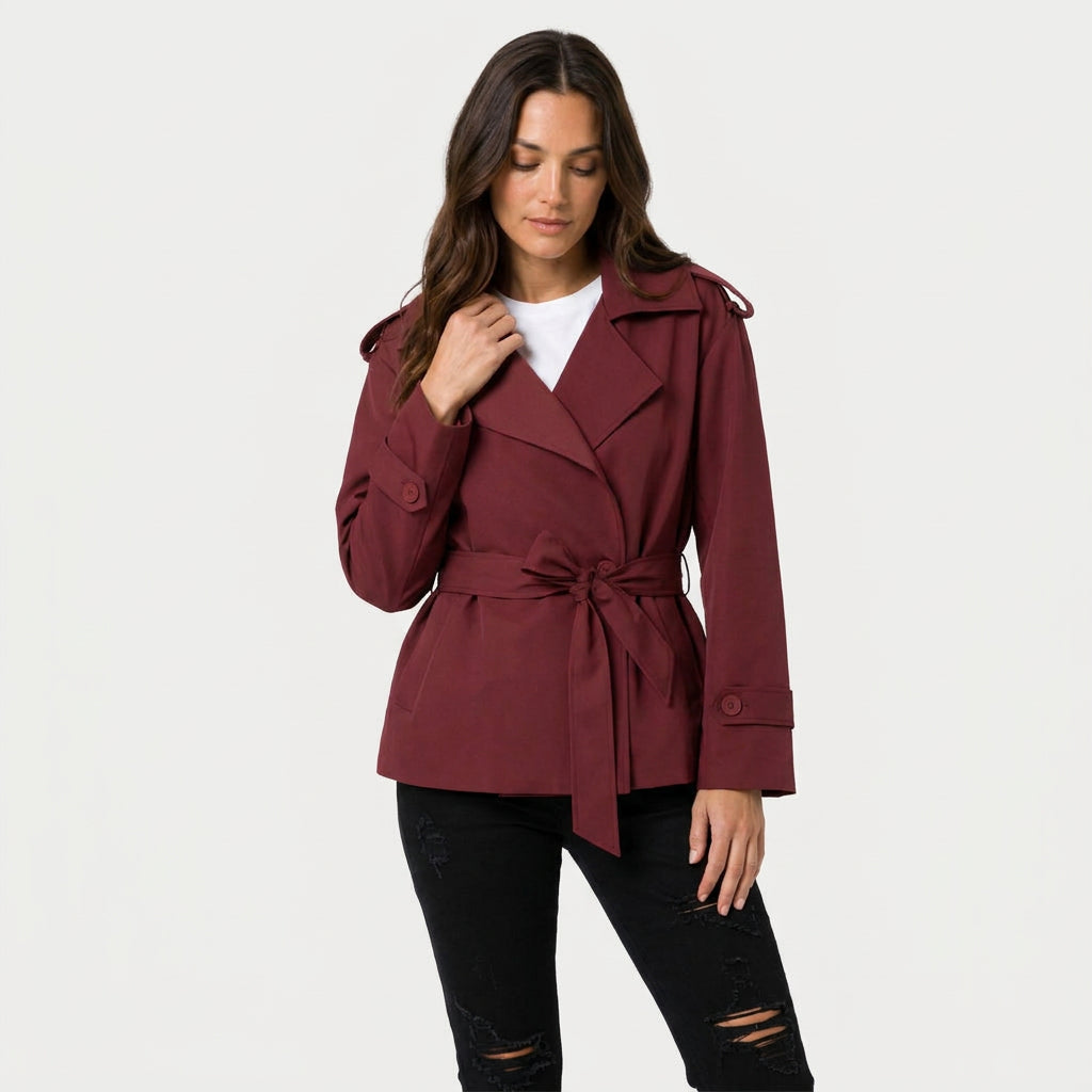 Women's short trench coat in Burgundy | Abbotsbury – front view