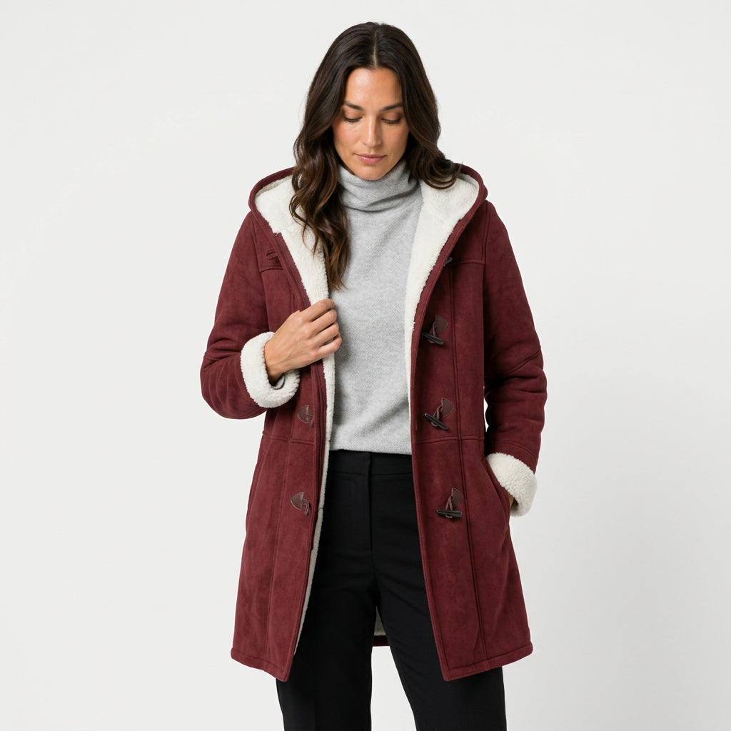 Women's hooded duffle coat in Burgundy | Glapthorn – front view