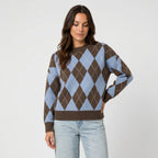 Women's argyle crew neck jumper in Blue | Langtoft – front view