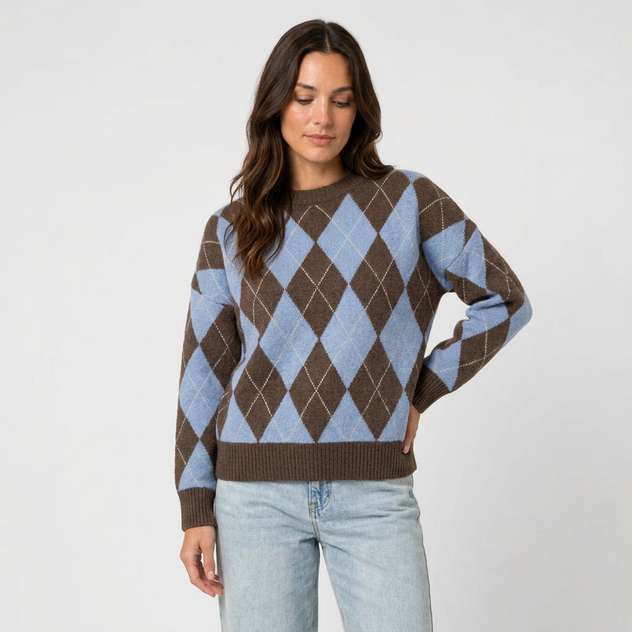 Women's argyle crew neck jumper in Blue | Langtoft – front view